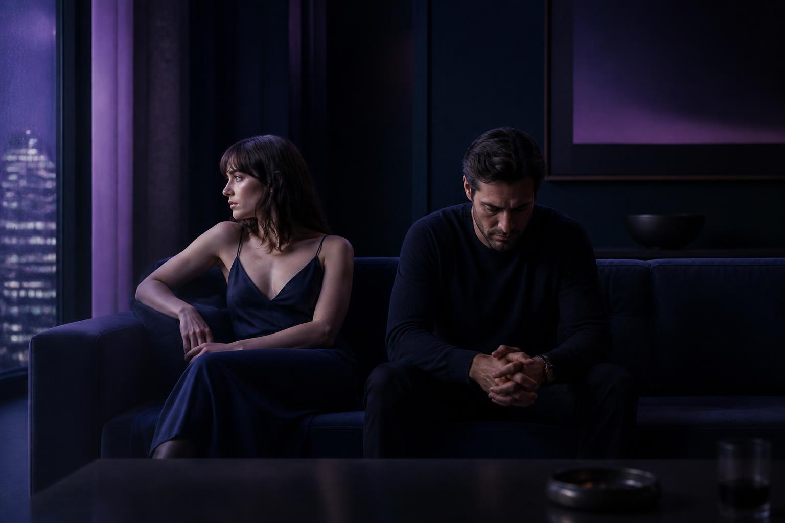 A couple sitting closely yet emotionally apart in a dimly lit room